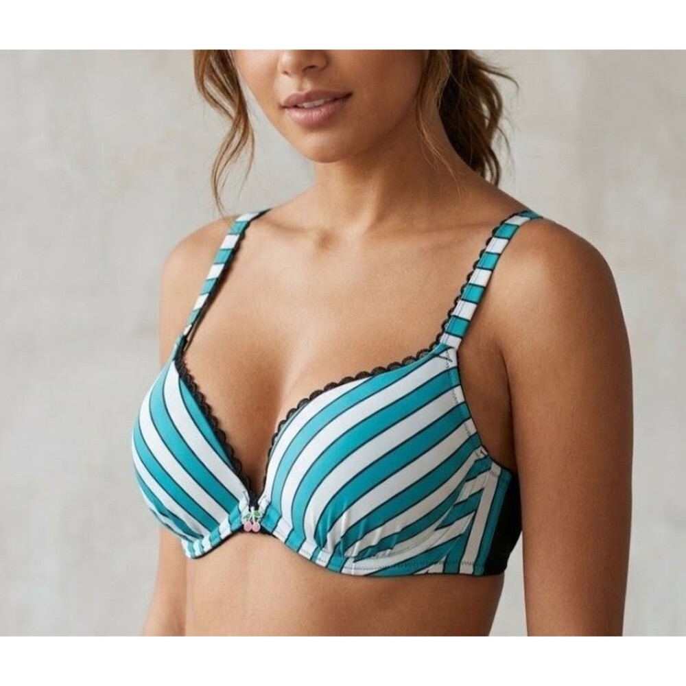 NWT Cacique Plunge Push Up Bra 40B Teal Striped Rockabilly Pinup Cherry Charm